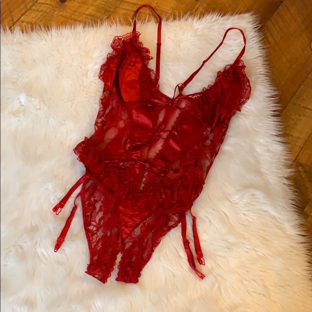 Frederick’s Of Hollywood red teddy with garters L